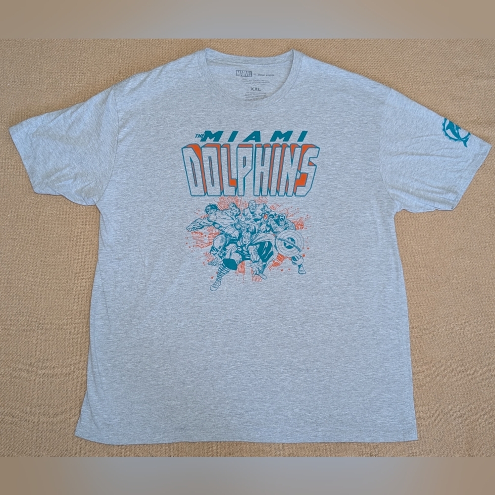 Marvel x Junk Food Miami Dolphins Gray Graphic Short Sleeve Cotton T-Shirt